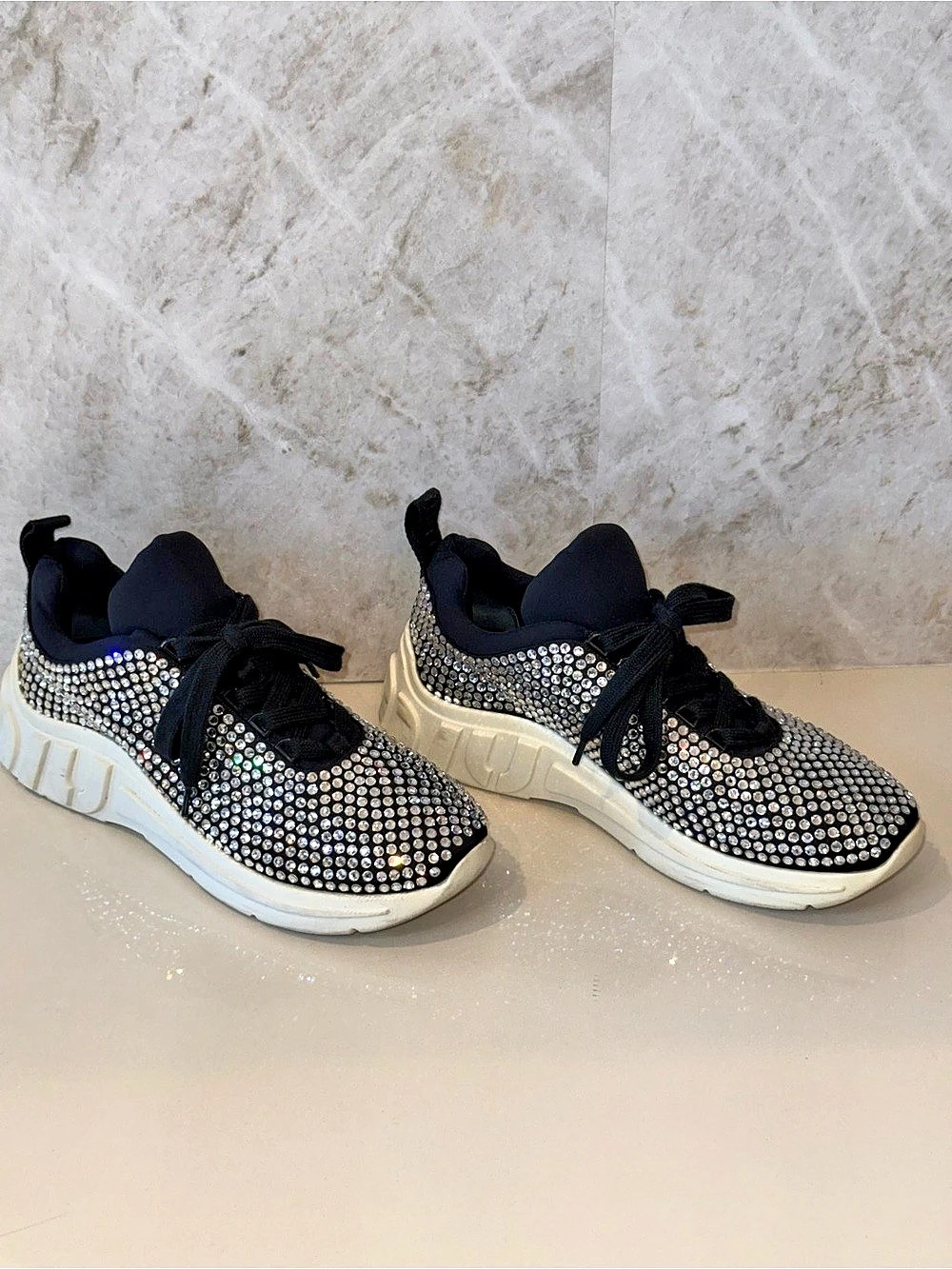 Miu Miu Crystal Embellished Sneakers in Black & Silver